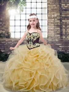Sleeveless Floor Length Embroidery and Ruffles Lace Up Child Pageant Dress with Champagne