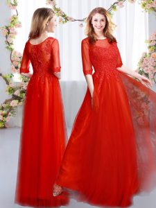 Superior Tulle Scoop Half Sleeves Zipper Lace Damas Dress in Red