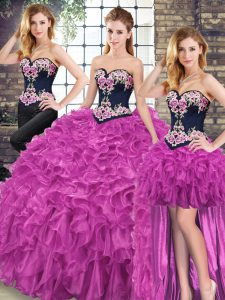 Sleeveless Sweep Train Embroidery and Ruffles Lace Up Sweet 16 Quinceanera Dress