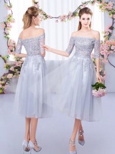 Free and Easy Tulle Off The Shoulder Half Sleeves Zipper Lace Quinceanera Court Dresses in Grey