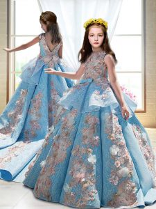 Satin Sleeveless Kids Formal Wear Court Train and Appliques