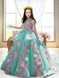 Adorable Satin Sleeveless Winning Pageant Gowns Court Train and Appliques