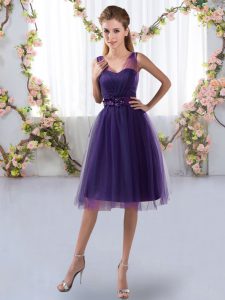 Unique Knee Length Zipper Quinceanera Court Dresses Purple for Prom and Party with Appliques
