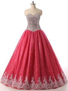 New Arrival Coral Red Ball Gowns Beading and Appliques Quinceanera Gowns Lace Up Sequined Sleeveless Floor Length