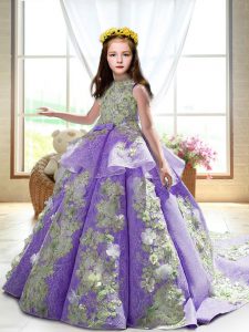 Satin Sleeveless Little Girls Pageant Gowns Court Train and Appliques
