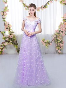 Lavender Cap Sleeves Floor Length Appliques Lace Up Quinceanera Dama Dress