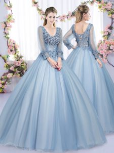 Blue Long Sleeves Lace and Appliques Floor Length Vestidos de Quinceanera