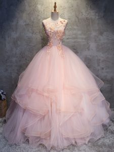 Romantic Floor Length Pink Sweet 16 Quinceanera Dress Scoop Sleeveless Lace Up