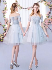 Smart Off The Shoulder Short Sleeves Lace Up Dama Dress Grey Tulle