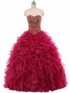 Sweetheart Sleeveless Ball Gown Prom Dress Floor Length Beading and Ruffles Wine Red Organza