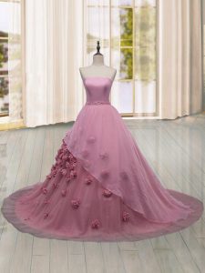 Pink Lace Up Strapless Hand Made Flower 15th Birthday Dress Tulle Sleeveless Brush Train