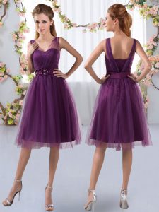 Artistic Purple Zipper V-neck Appliques Court Dresses for Sweet 16 Tulle Sleeveless