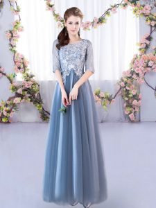 Free and Easy Floor Length Blue Vestidos de Damas Tulle Half Sleeves Lace