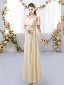 Charming Short Sleeves Floor Length Appliques Zipper Quinceanera Dama Dress with Light Yellow