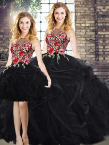 Eye-catching Black Ball Gowns Scoop Sleeveless Embroidery and Ruffles Floor Length Zipper Quinceanera Dress