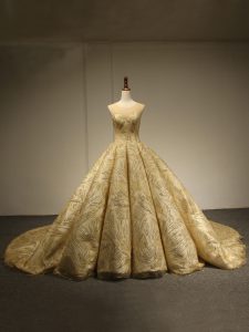 Gold Lace Up Quinceanera Gowns Sequins Sleeveless Brush Train