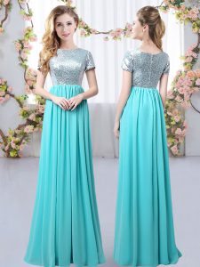 Comfortable Aqua Blue Empire Sequins Court Dresses for Sweet 16 Zipper Chiffon Short Sleeves Floor Length