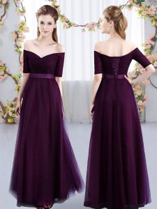 Fantastic Short Sleeves Floor Length Ruching Lace Up Quinceanera Dama Dress with Dark Purple