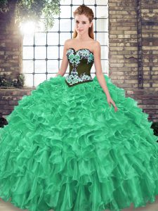 Sleeveless Organza Sweep Train Lace Up Quinceanera Gowns in Green with Embroidery and Ruffles