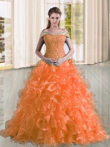 Lace Up Quinceanera Dresses Orange for Military Ball and Sweet 16 and Quinceanera with Beading and Lace and Ruffles Sweep Train