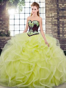 Elegant Yellow Green Ball Gowns Embroidery and Ruffles Sweet 16 Dresses Lace Up Tulle Sleeveless