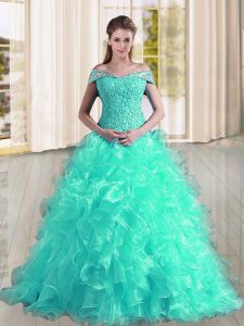 Spectacular Turquoise Sleeveless Organza Sweep Train Lace Up 15th Birthday Dress for Military Ball and Sweet 16 and Quinceanera