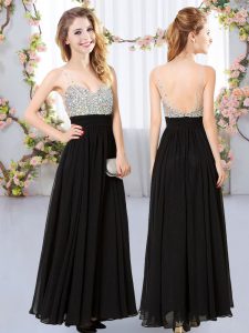 Suitable Black Sleeveless Floor Length Beading Backless Dama Dress for Quinceanera