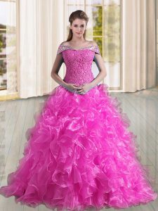 Fuchsia Sleeveless Organza Sweep Train Lace Up Sweet 16 Quinceanera Dress for Military Ball and Sweet 16 and Quinceanera
