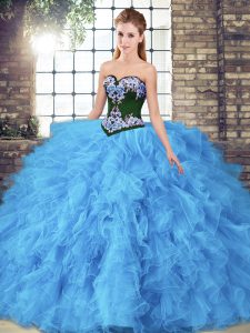 Floor Length Baby Blue Quinceanera Gowns Tulle Sleeveless Beading and Embroidery