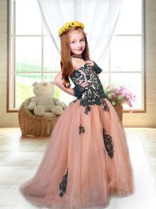 Peach Little Girls Pageant Dress Wholesale Spaghetti Straps Sleeveless Brush Train Lace Up