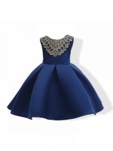 Navy Blue Zipper Custom Made Pageant Dress Appliques and Bowknot Sleeveless Mini Length