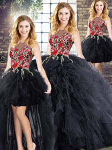 Decent Black Ball Gowns Scoop Sleeveless Embroidery and Ruffles Floor Length Zipper 15 Quinceanera Dress