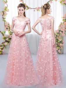 Inexpensive Pink Off The Shoulder Lace Up Appliques Damas Dress Cap Sleeves