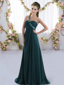 Graceful Peacock Green Quinceanera Dama Dress Chiffon Brush Train Sleeveless Beading