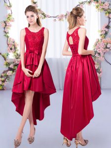Glorious A-line Quinceanera Dama Dress Red Scoop Satin Sleeveless High Low Lace Up