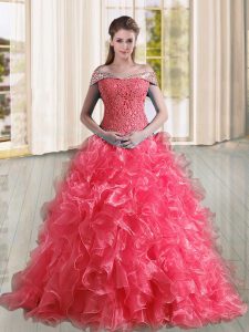 Exceptional Coral Red Off The Shoulder Neckline Beading and Lace and Ruffles Sweet 16 Quinceanera Dress Sleeveless Lace Up