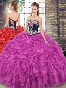 Fuchsia Sweetheart Neckline Embroidery and Ruffles Quince Ball Gowns Sleeveless Lace Up