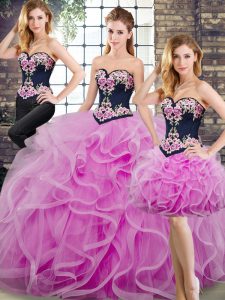 Lilac Ball Gowns Beading and Embroidery and Ruffles Sweet 16 Dresses Lace Up Tulle Sleeveless