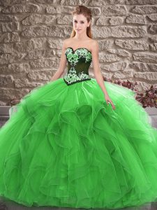 Hot Sale Green Ball Gowns Sweetheart Sleeveless Tulle Floor Length Lace Up Beading and Embroidery Sweet 16 Quinceanera Dress