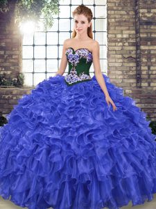 Noble Embroidery and Ruffles Ball Gown Prom Dress Royal Blue Lace Up Sleeveless Sweep Train