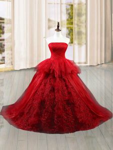 Adorable Wine Red Lace Up Vestidos de Quinceanera Lace and Ruffles Sleeveless Brush Train