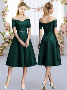 Short Sleeves Tea Length Belt Vestidos de Damas with Dark Green