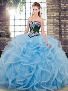 Eye-catching Baby Blue Sleeveless Embroidery Lace Up Ball Gown Prom Dress