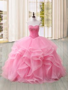 Excellent Beading and Ruffles Quinceanera Gowns Pink Lace Up Sleeveless Sweep Train