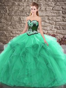 Most Popular Sleeveless Tulle Floor Length Lace Up Sweet 16 Quinceanera Dress in Turquoise with Beading and Embroidery