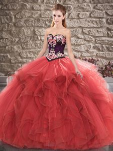 Glittering Floor Length Red Quinceanera Dresses Sweetheart Sleeveless Lace Up