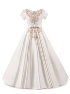 White A-line Satin Scoop Short Sleeves Appliques Floor Length Zipper Kids Pageant Dress