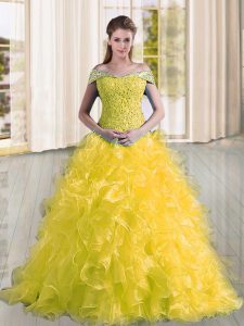 Yellow Ball Gown Prom Dress Organza Sweep Train Sleeveless Beading and Lace and Ruffles