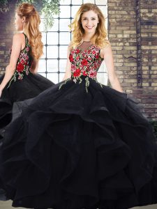 Classical Floor Length Black Sweet 16 Dresses Sleeveless Embroidery and Ruffles