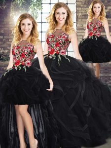 Gorgeous Black Ball Gowns Scoop Sleeveless Floor Length Zipper Embroidery and Ruffles Vestidos de Quinceanera